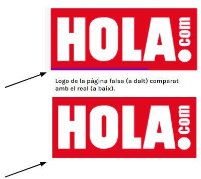 Comparació del logo de la pàgina que es fa passar per l'¡Hola! amb el logo real.