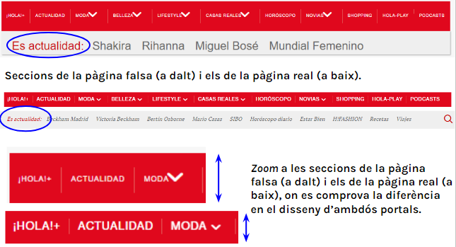 Comparació de el disseny de la pàgina que es fa passar per l'¡Hola! amb el disseny real.