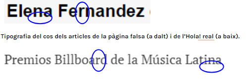 Comparació de el disseny de la pàgina que es fa passar per l'¡Hola! amb el disseny real.