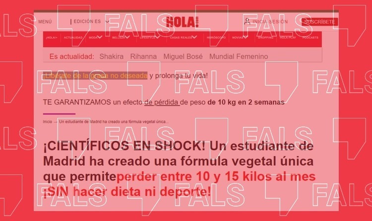 Pàgina web que es fa passar per la revista ¡Hola! per a promocionar un suplement nutricional per a perdre pes. És una estafa.