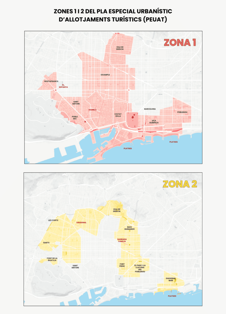 Zones 1 i 2 del Pla Especial Urbanístic d'Allotjaments Turístics (PEUAT) de l'Ajuntament de Barcelona.