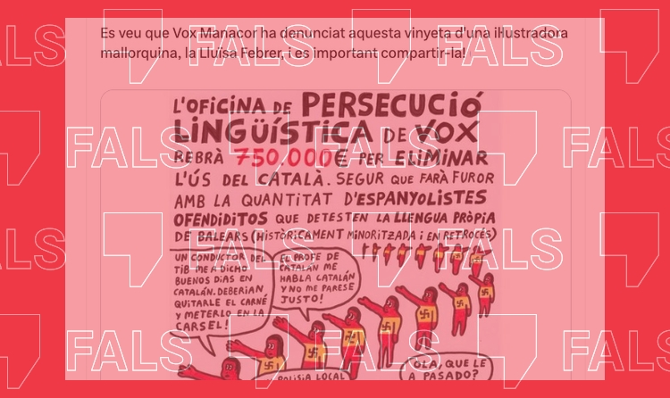 És fals que Vox hagi denunciat a l’artista Lluïsa Febrer per la seva vinyeta sobre l’oficina lingüística de les Illes Balears