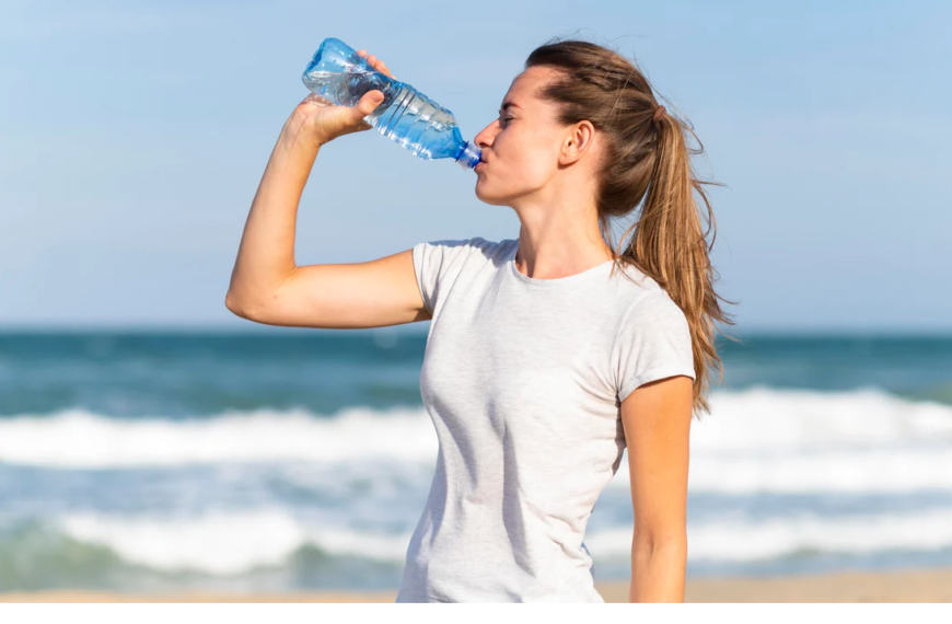mujer bebiendo agua cerca del mar