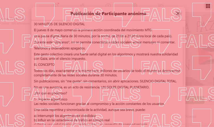 Missatge cadena que circula a Facebook i WhatsApp sobre una suposada "pausa digital" en solidaritat amb Gaza