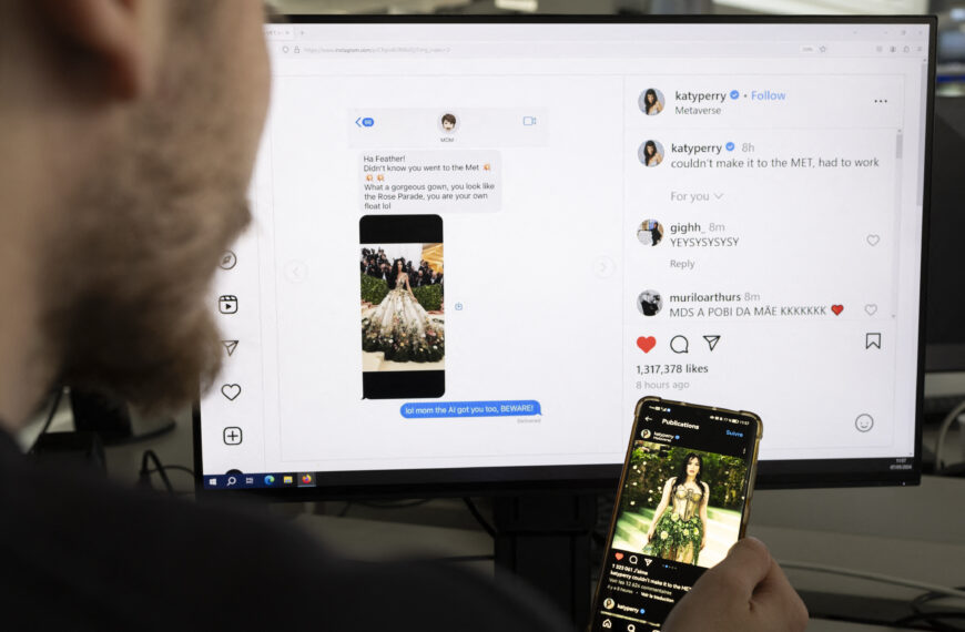 A person looks at the Instagram account of US singer Katy Perry, in Paris, on May 7, 2024, showing a generated by Artificial Intelligence (AI) picture depicting the singer at the Met Gala. US singer Katy Perry posted this Artificial Intelligence (AI) generated picture depicting her on her Instagram account and fooled many Internet users as several deepfakes of celebrities including Rihanna and Selena Gomez also emerged on the internet following this year's Met Gala. (Photo by OLYMPIA DE MAISMONT / AFP)