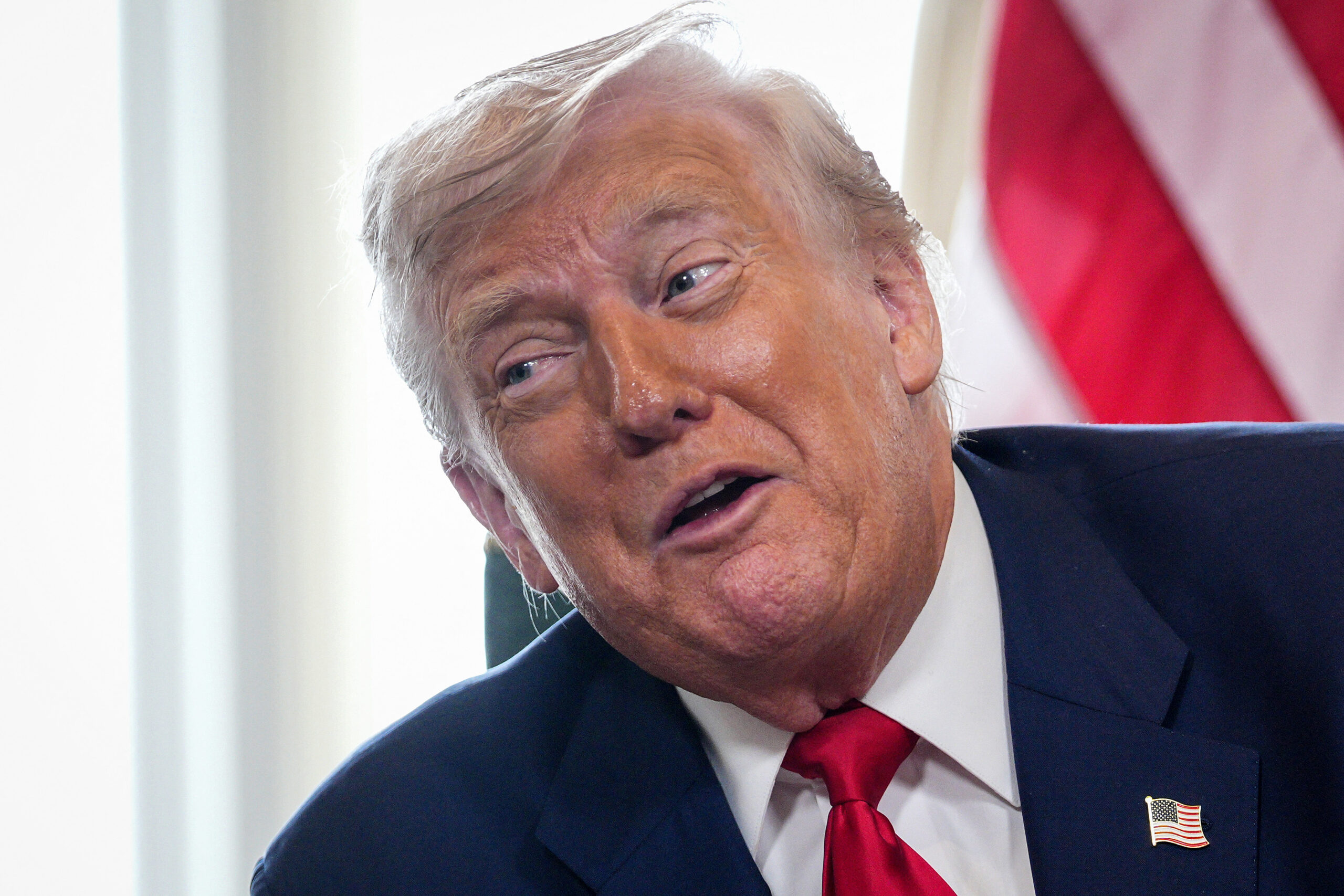 US President Donald Trump speaks during a bilateral meeting with Britain's Prime Minister Keir Starmer at the Trump Turnberry Golf Courses, in Turnberry south west Scotland on July 28, 2025. (Photo by Christopher Furlong / POOL / AFP)