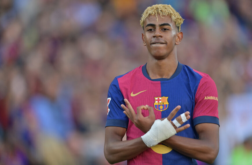 Barcelona's Spanish forward #19 Lamine Yamal celebrates scoring an equalizing goal during the Spanish league football match between FC Barcelona and Villarreal CF at Estadi Olimpic Lluis Companys in Barcelona on May 18, 2025. (Photo by MANAURE QUINTERO / AFP)