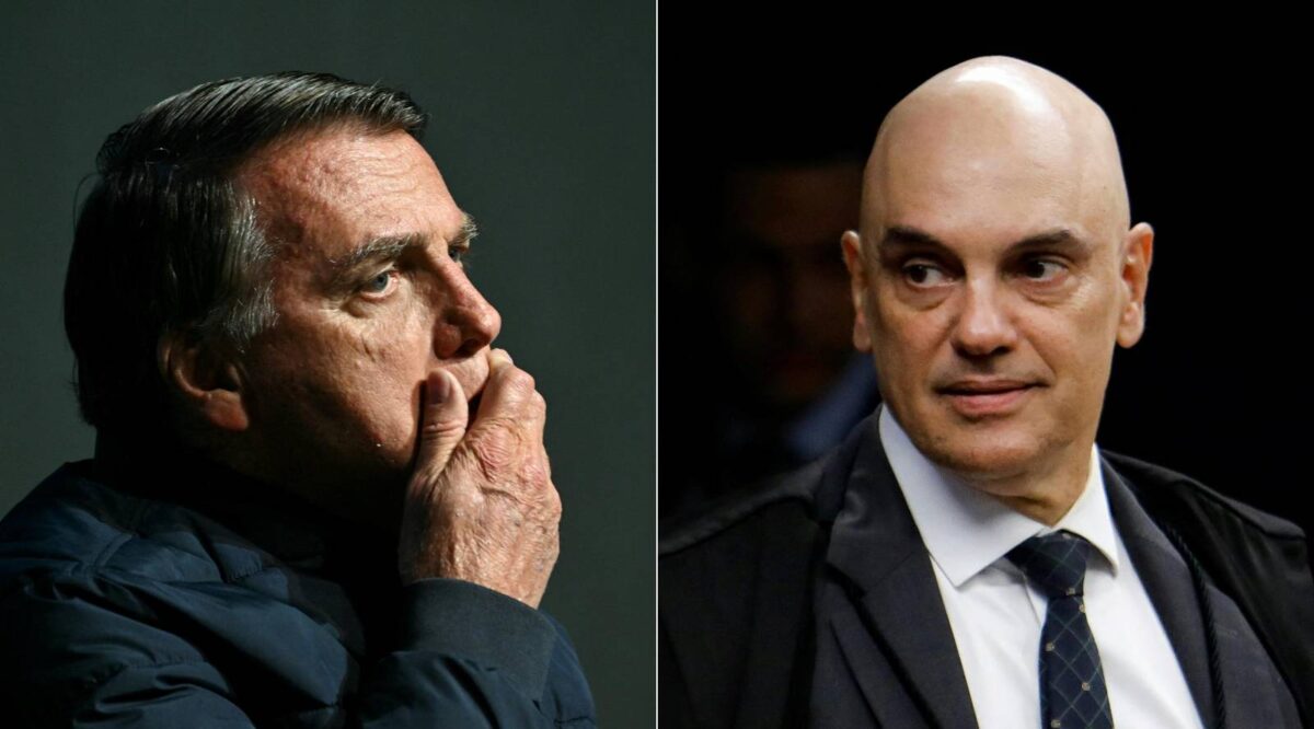 This combination of FILE pictures created on August 30, 2025 shows Brazilian former President (2019-2023) Jair Bolsonaro during the CPAC Brazil conference in Balneario Camboriu, Santa Catarina State, Brazil on July 6, 2024; and Supreme Court Justice Alexandre de Moraes during a hearing at Brazil's Supreme Court after ordering house arrest for former President Jair Bolsonaro in Brasilia on August 5, 2025. Supreme Court Judge Alexandre de Moraes ordered on August 30, 2025 new measures to be put in place to strengthen surveillance of former Brazilian President Jair Bolsonaro, who has been under house arrest since early August, just days before the final phase of his trial for alleged attempted coup, in which he ruled that ‘the interiors and boots of all vehicles leaving the residence’ must be searched. (Photo by Evaristo Sa and Sergio Lima / AFP)