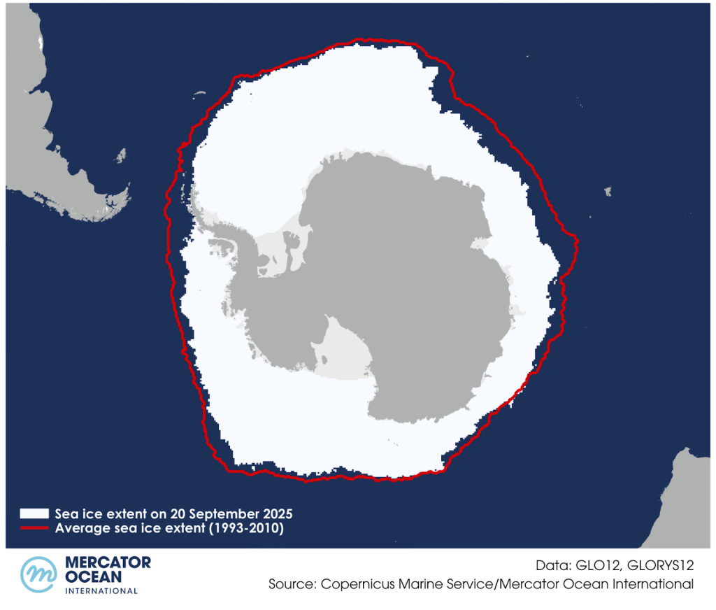 Extensión del hielo marino en la Antártida el 20 de septiembre de 2025, comparado con la extensión media entre 1993 y 2010.