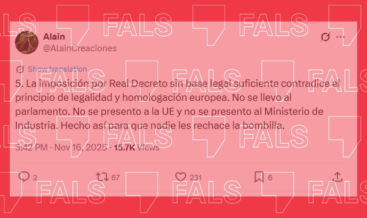 Missatge a X fals on s'afirma que la normativa de la balisa V16 no compleix la legalitat.