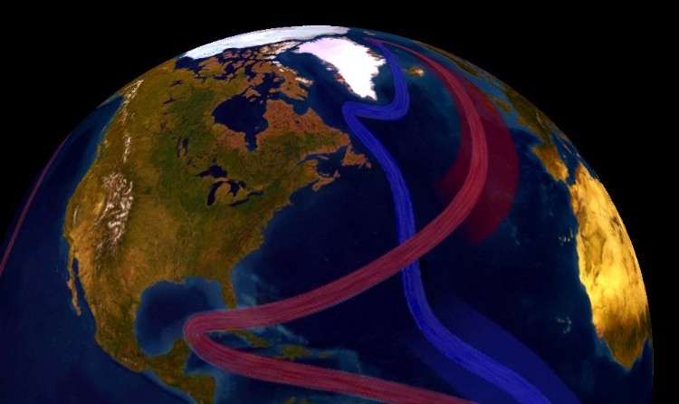 Gràfic del planeta terra amb la circulació oceànica a l'Atlàntic (cintes transportadores)