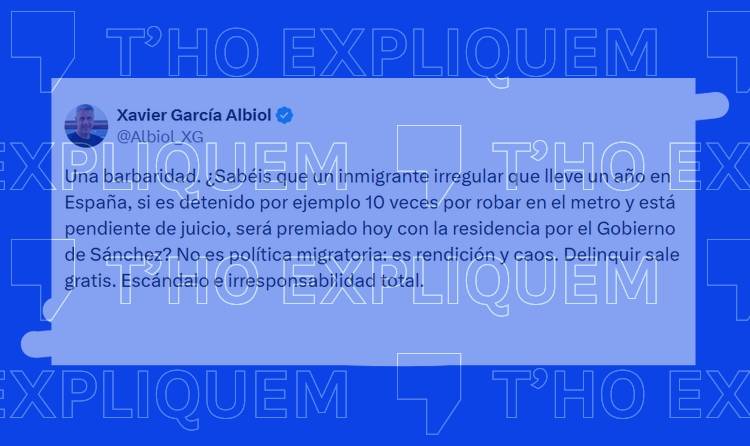 Twit de Xavier García Albiol dient que el govern de Pedro Sánchez premia amb la residència els immigrants irregulars que hagin delinquit.