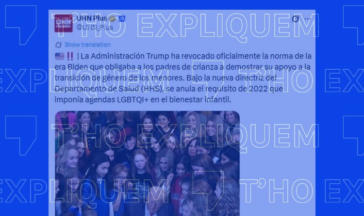 Imagen de Donald Trump firmando una ley. El mensaje afirma que Biden obligó a las familias de acogida a dar apoyo a transiciones de género.