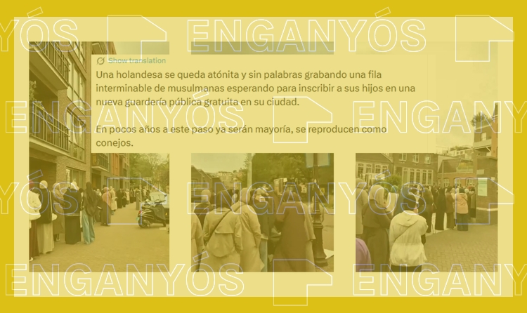 Vídeo enganyós d'unes dones musulmanes fent cua a una botiga temporal de roba que es presenta com una espera per una llar d'infants pública.