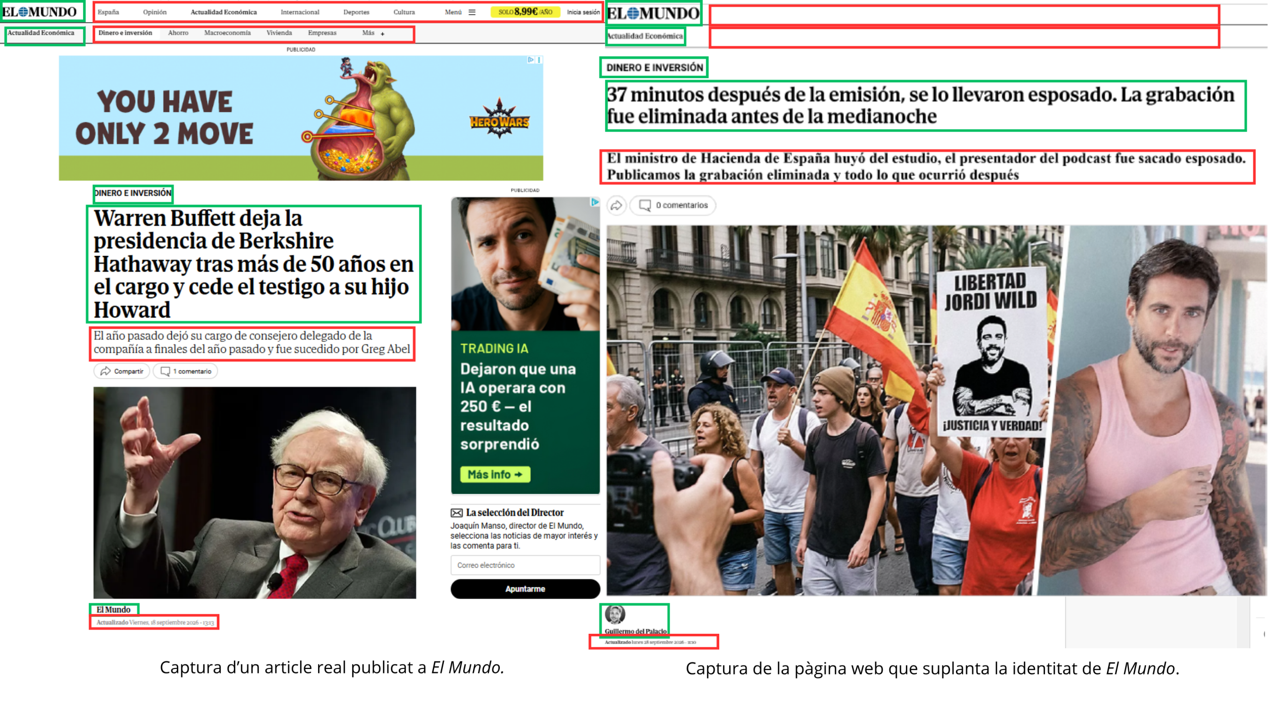 Composició d’imatges que mostren la suplantació d’identitat de Jordi Wild i El Mundo per promocionar una plataforma de trading muntatge de captures