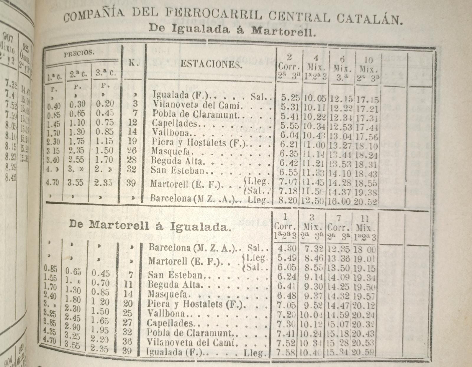 Horarios de la línea de ferrocarril Igualada-Barcelona en la década de 1900. Fuente: Joan Carles Salmerón i Fernández (Términus Centre d'Estudis del Transport).
